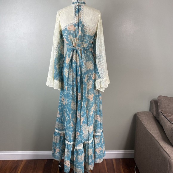 Vtg 70s Gunne Sax By Jessica Floral Voile Dress XS S Lace Boho Bell Sleeve - Picture 5 of 14